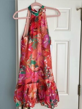 NWT 1. STATE High Neck Tropical Floral Halter Sundress Coral & Pink Size Medium